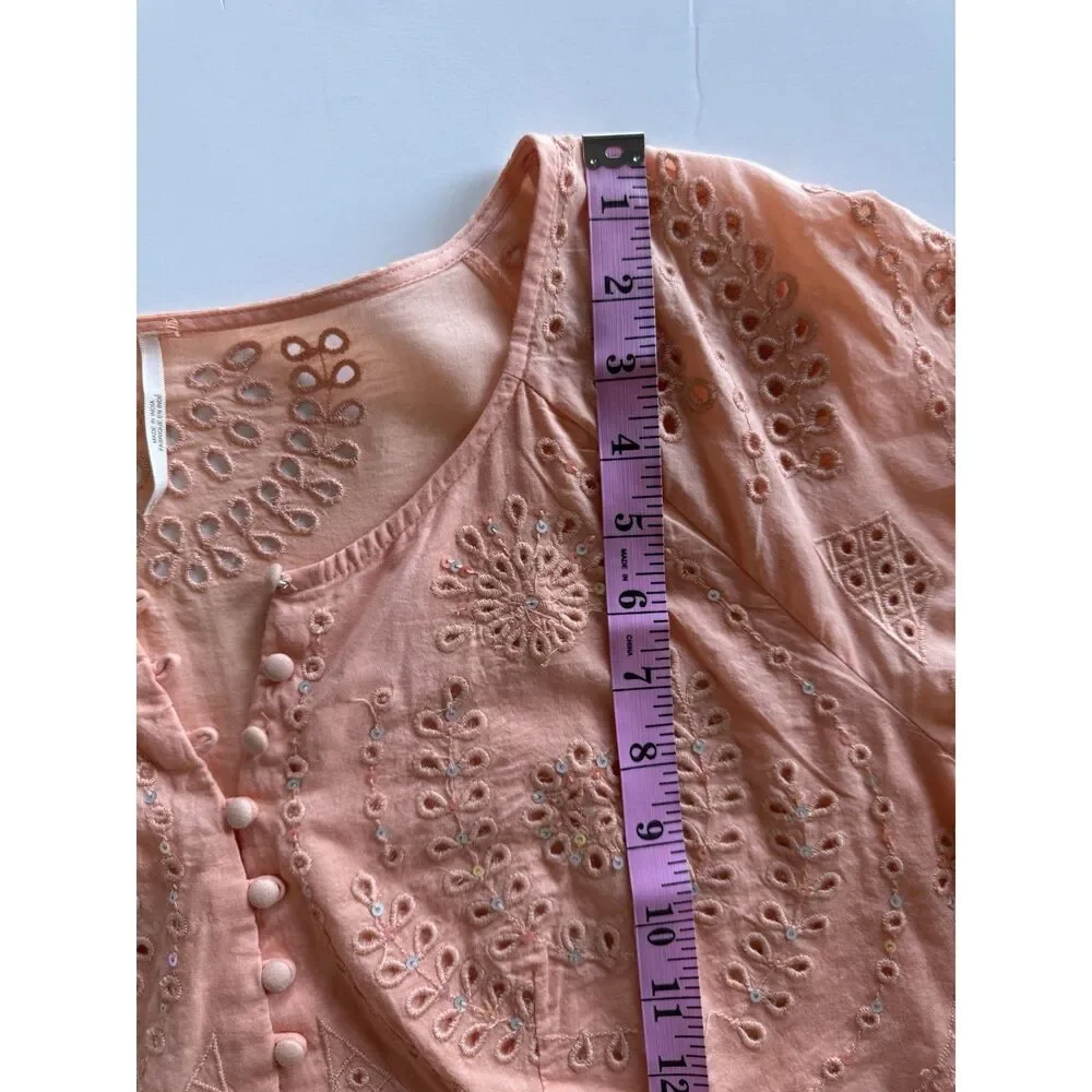 Free People Sea Of Love Tunic Top Peach Eyelet Bell Sleeve Blouse Boho Sequin Lg